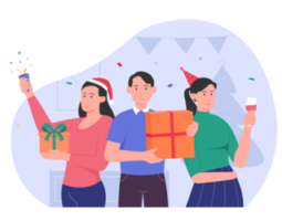 Illustration of three people celebrating with gifts and streamers