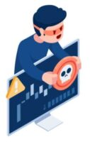 Illustration of a masked scammer behind a computer monitor holding a disc with a skull on it.