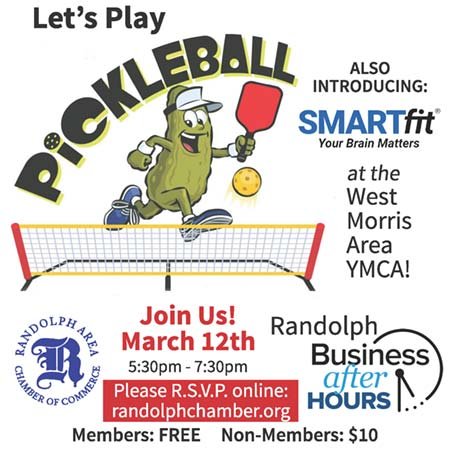 Image of a pickle with a pickleball racket promoting an after-hours event at the West Morris Area YMCA on March 12th 2025 at 5:30pm