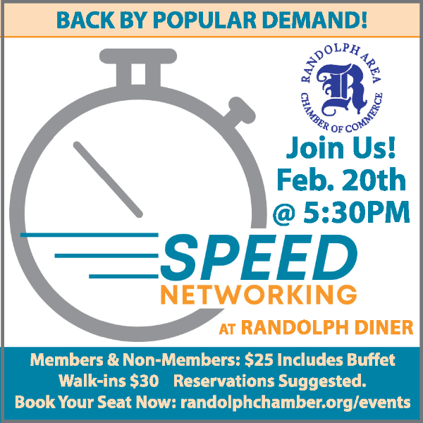 Simple graphic of a stopwatch, noting the Speed Networking Event at the Randolph Diner on February 20th 2025 at 5:30pm with $25 tickets.