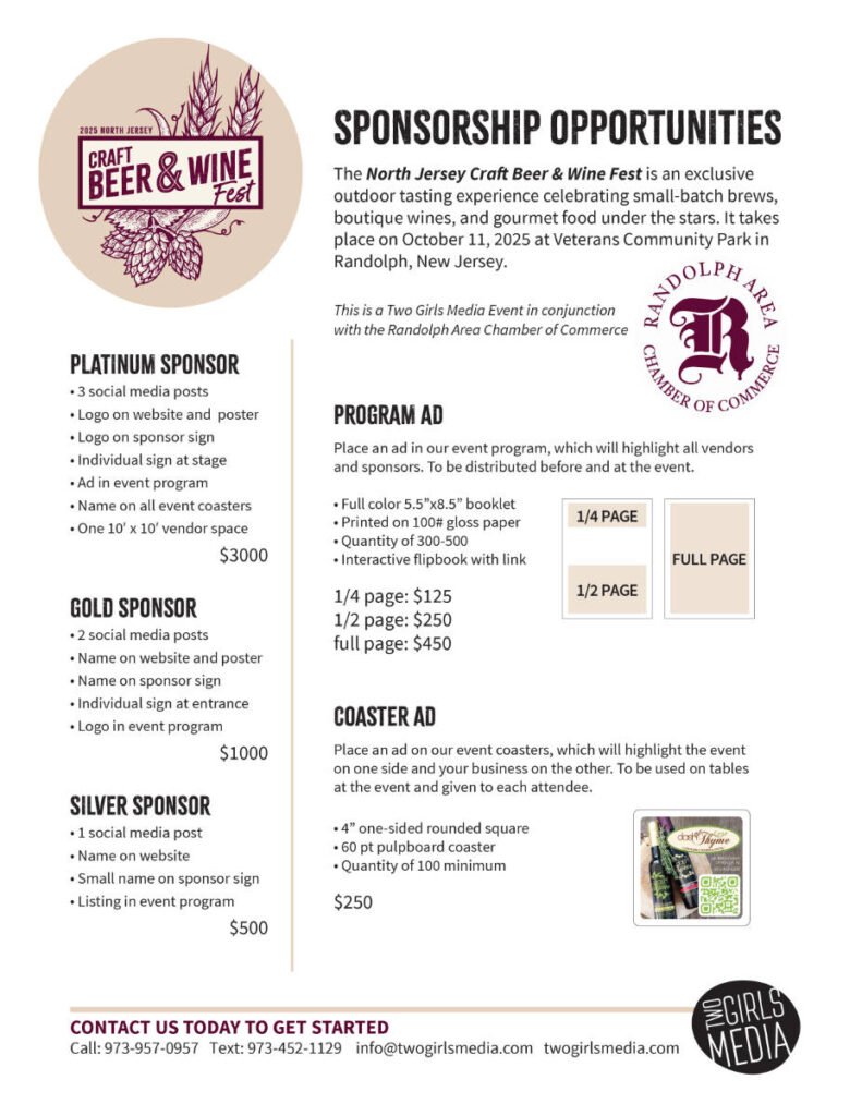 We're looking for event sponsors to set up booth at this incredible event. Contact Two Girls Media at info@TwoGirlsMedia.com or 973-957-0957.
