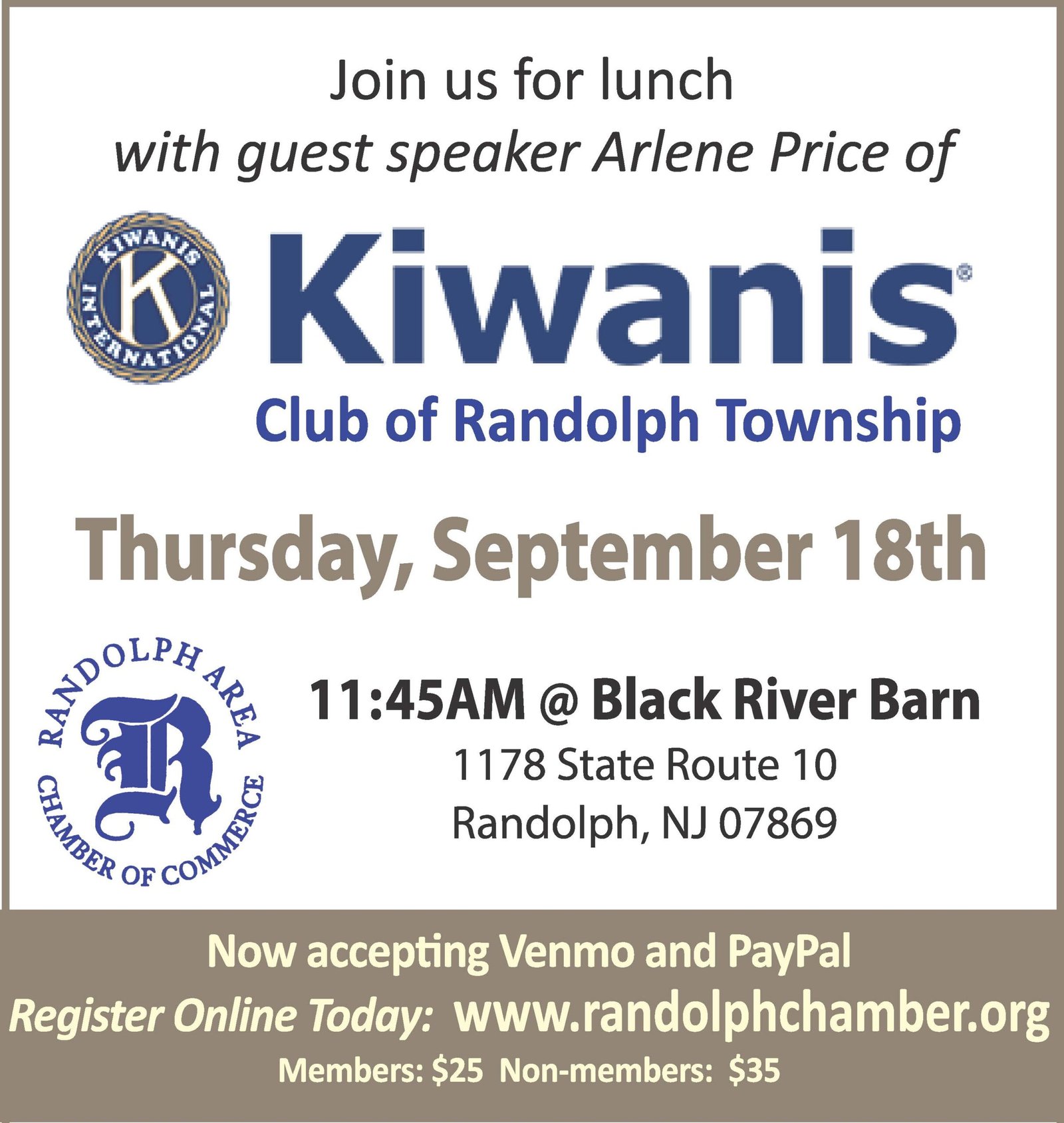 Randolph Area Chamber lunch event at the Black River Barn. Special guest Arlene Price from Kiwanis of Randolph Township.