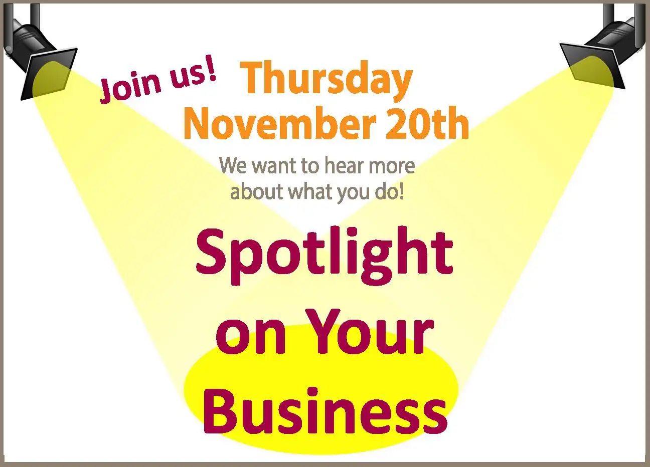 Spotlight on Business networking event. Nov 20th at 11:45am at Mr. Crabby's