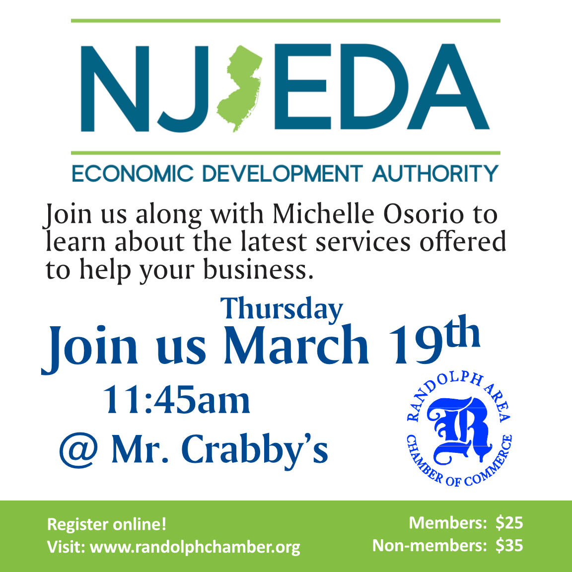 NJEDA presentation at Mr. Crabby's on March 19th at 11:45am, presented by the Randolph Area Chamber of Commerce