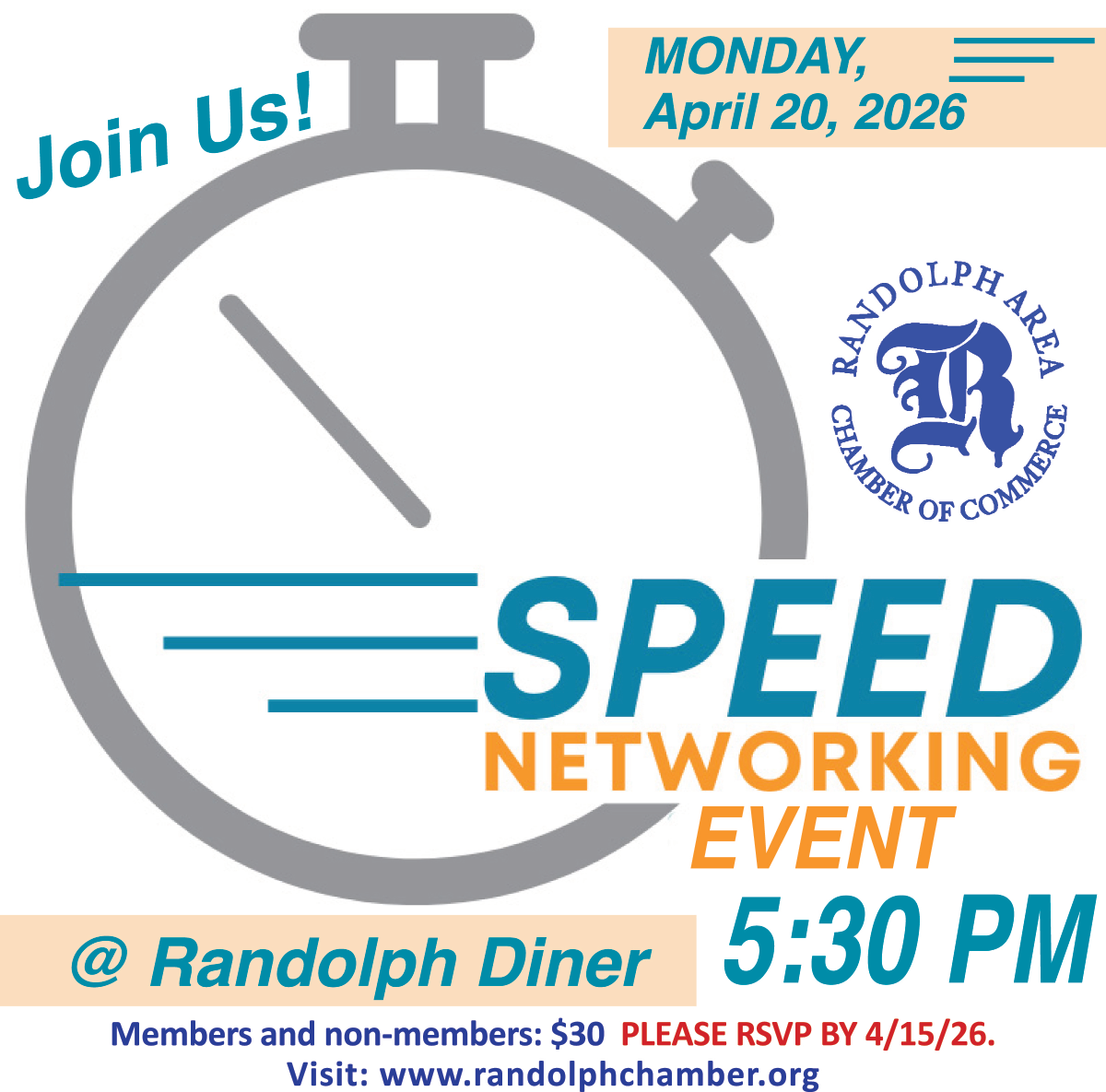 Speed Networking event at The Randolph Diner. Monday April 20th 2026 at 5:30pm. 