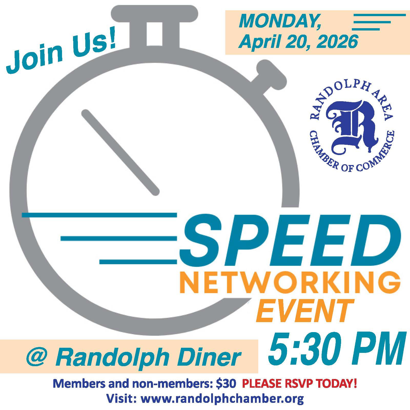 Speed Networking event at The Randolph Diner. Monday April 20th 2026 at 5:30pm.